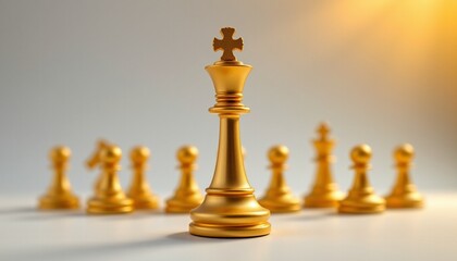 a chess set with multiple gold pawns aligned next to each other and a single golden king placed on top of one of the pawns in the center