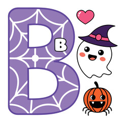 Fototapeta premium Halloween themed illustration with the letter B, a ghost, a heart and a pumpkin