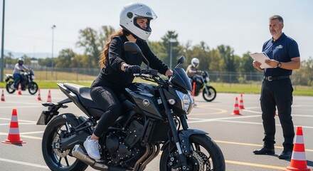Female motorcycle training session with instructor observing in outdoor course