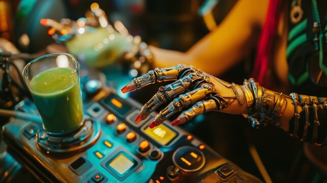 Cybernetic hands hold a green smoothie near a futuristic control panel.Futuristic cybernetic hands control a high-tech green smoothie control panel in a neon sci-fi environment - Powered by Adobe