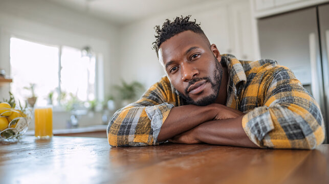 Thoughtful Portrait: A contemplative individual, embodying serenity, leans casually on a wooden table in a domestic interior, engaging the viewer with a gaze of depth. 