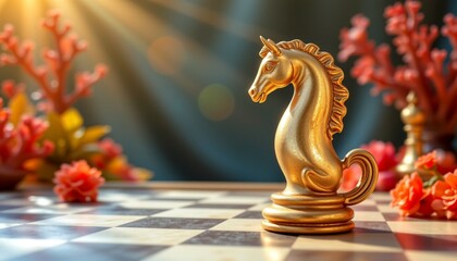 Fototapeta premium a miniature knight on a checkered board in a room with autumnal decorations around it.