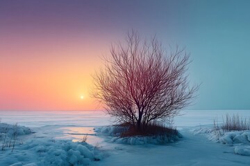 A solitary tree stands on a frozen lake at sunrise, bathed in pastel hues of pink, orange, and blue.