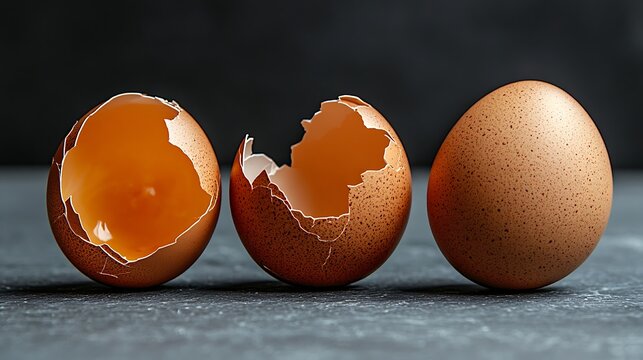 Stages of an egg whole brown egg alongside two broken shells on a dark, textured surface, showcasing fragility and culinary readiness