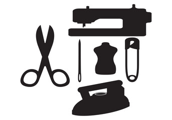 Tailors accessories, supplies and equipment to sew cloth. Dressmaking collection with thread rolls, button, needles, zipper, sewing machine, mannequin, scissors, iron. Tailoring studio