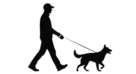 Vector illustration of man walking a dog on a leash silhouette isolated on white background