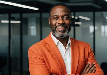Confident african american businessman with salt and pepper beard wearing a vibrant orange blazer in a modern office setting