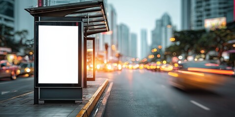 A blank digital billboard stands by a bustling city street at night, with blurred traffic lights. The urban scene highlights modern city life and technology.