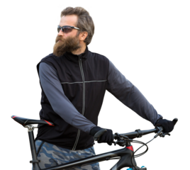 Sports brutal bearded guy on a modern mountain bike. Cyclist on the green hills in the spring.