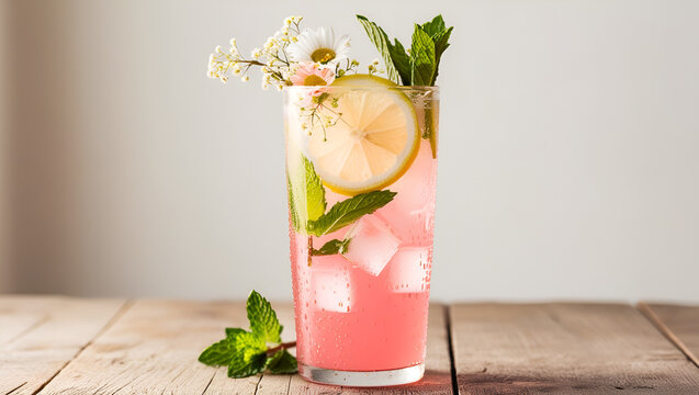 Refreshing pink lemonade with floating flower petals, styled in a bright and elegant setting.