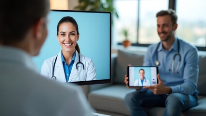 Medical professionals using a computer and tablet for a telehealth video conference. Online healthcare and remote patient consultation.