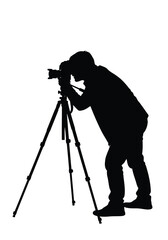 Vector illustration of photographer with camera on tripod isolated on white background
