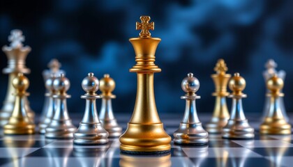 a chess set with gold pieces, including a king, queen, rooks, and pawns, all positioned on a dark background that might suggest a board game or a strategic theme