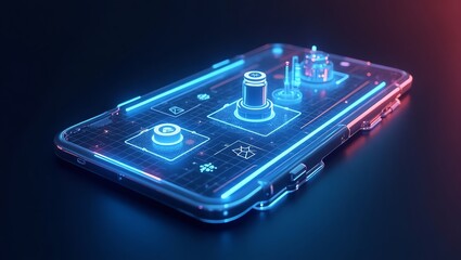 Futuristic smartphone with a glowing neon circuit board interface symbolizing advanced digital technology and data processing.