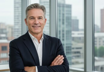 Fototapeta premium Professional business executive poses confidently with arms crossed against a backdrop of city skyscrapers and large windows