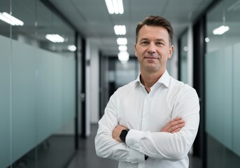 Fototapeta premium Confident businessman with arms crossed in a modern office hallway illuminated by overhead lighting exuding professionalism and success