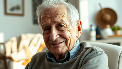 Portrait of an elderly man with kind eyes. A man is sitting in a chair at home