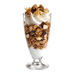 Granola parfait served in a clear glass, vibrant layered texture, organic healthy snackhigh-resolution, crisp focus