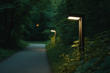 Illuminated pathway through a dark green forest at night.