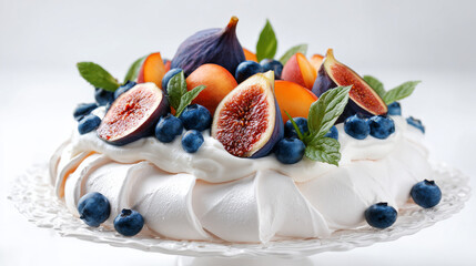 Elegant Pavlova dessert topped with blueberries, figs, peaches, and mascarpone, beautifully styled on a white background