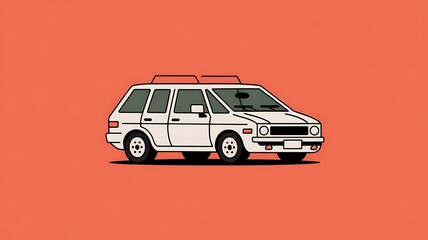 Retro white minivan with luggage on roof rack against orange background