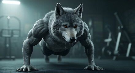 An anthropomorphic muscle wolf cartoon in a monochrome gym, holding a challenging side plank pose to sculpt his abs and core. This generated-image(6).png highlights digital art and fitness.