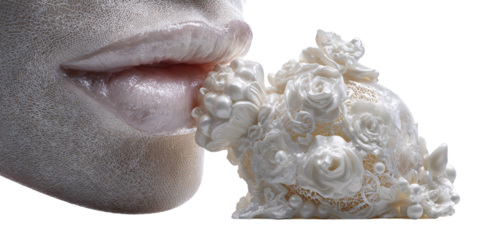 Surreal womans face with pearl and floral adornment, conceptual beauty and avantgarde fashion