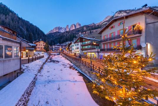 View of Campitello di Fassa at Christmas and Grohmannspitze, Punta Grohmann visible, Val di Fassa, Trentino, Italy