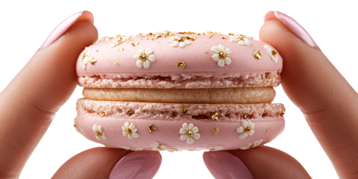Womans hand holding a pink floral decorated Macaron Closeup of a delicious, sweet, and elegant dessert Concept of bakery, confectionery, and gourmet treat