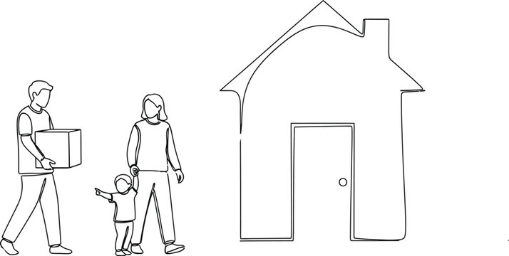 Family moving into new house one line drawing vector illustration