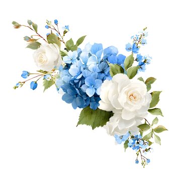 Watercolor painting of white and blue hydrangeas with roses and baby's breath flowers in the corner of the page