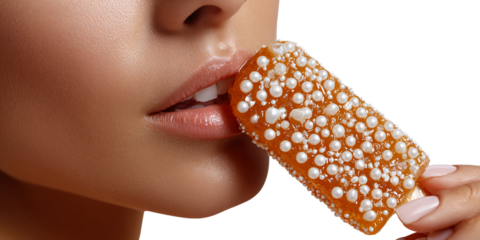 Closeup of a fairskinned woman biting into a pearlstudded candy bar, showcasing beauty and indulgence with a sweet treat against a black background