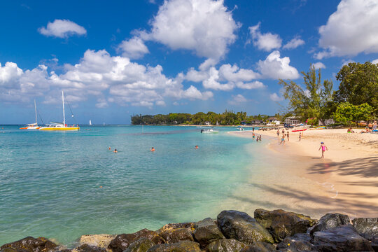View of beach and Caribbean Sea at Holetown, Barbados, West Indies, Caribbean
