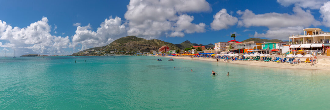 View of beach and turquoise sea at Philipsburg, St. Maarten, Leeward Islands, West Indies, Caribbean