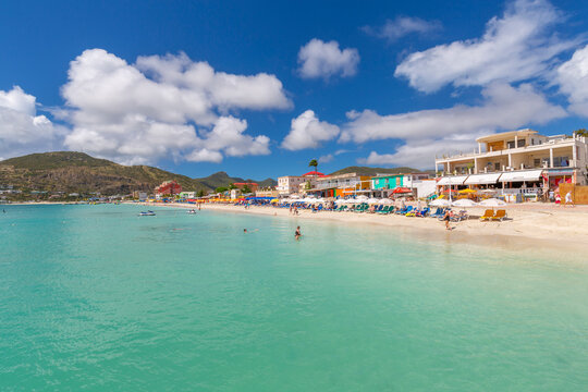 View of beach and turquoise sea at Philipsburg, St. Maarten, Leeward Islands, West Indies, Caribbean