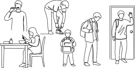 Morning routine line art vector illustration daily activities