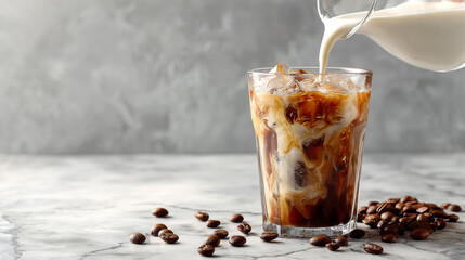Milk being poured into a glass of iced coffee on a marble surface with scattered coffee beans--capturing a cool summer beverage moment