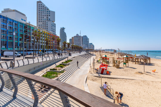 View of Bograshov Beach and sea front hotels, Tel Aviv, Israel, Middle East