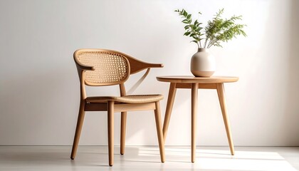 Light wooden chair and table with greenery