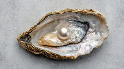 Natural pearl nestled inside an oyster shell, photographed close-up on a gray background from a top-down angle 