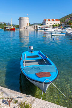 View of small harbour boats and restaurants in Mali Ston, Dubrovnik Riviera, Croatia
