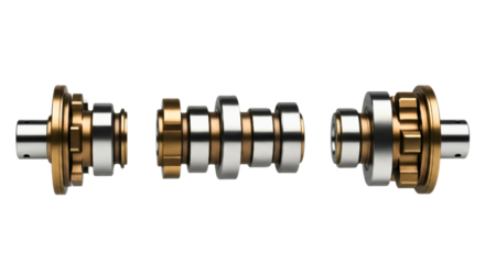 Metallic Engine Camshaft Components Isolated on White
