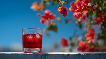 Editorial-Style Glass of Berry Hibiscus Drink with Ice on Outdoor Wall in Harsh Flash Light