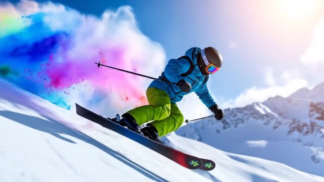 Snowboarder in mid-air, vibrant colored powder explosion