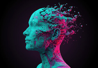 Human Profile Dissolving into Neon Turquoise and Magenta Sound Wave Ribbons