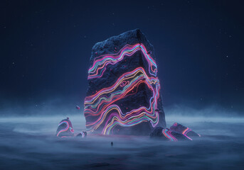 Massive Abstract Monolith Formed from Vibrant Neon Paint in a Cosmic Atmosphere