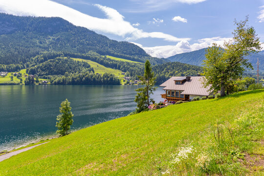 View of Grundlsee village on the shore of lake, Grundlsee, Styria, Austria