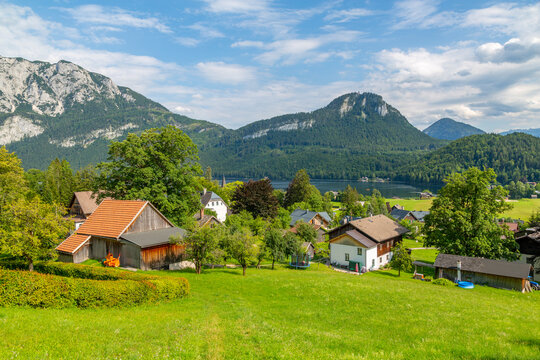 View of traditional chalets and Grundlsee, Styria, Austria