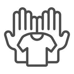 Obraz premium Shirt in human palms line icon, manual washing concept. Vector graphics. Hands and shirt, wash sign on white background, outline style icon for mobile or web design.