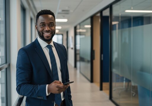 Smiling black businessman in a sharp suit stands confidently in a modern office hallway holding a smartphone